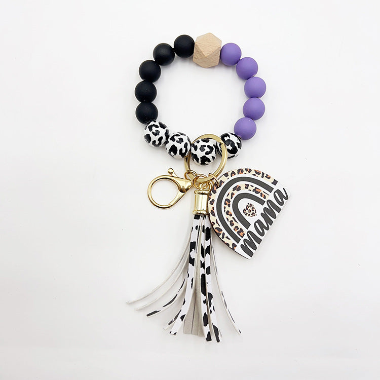 Wholesale Lacquer Round Beads Cow Pattern Wooden Beads Rainbow Wooden Sign Tassel Bracelet Keychain